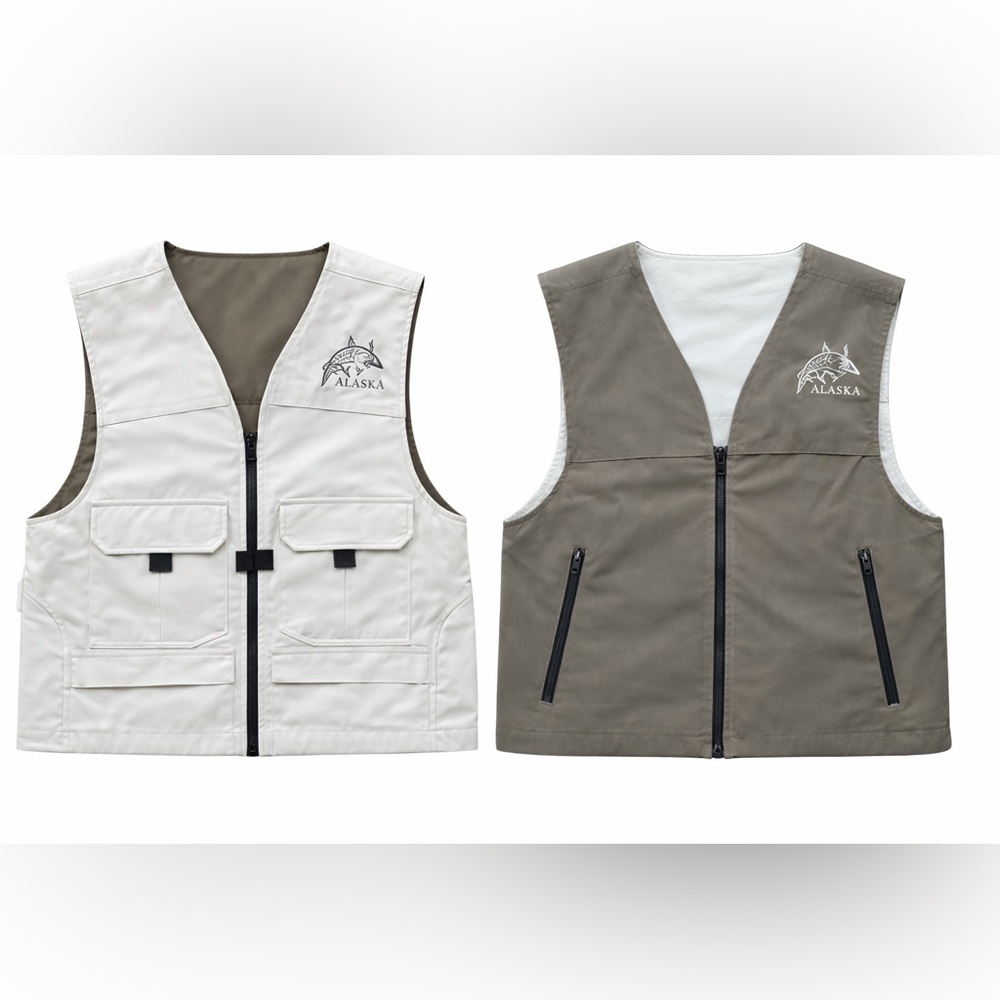 Men's Outdoor Vest - reversible - cream & kaki - Picture 2 of 13